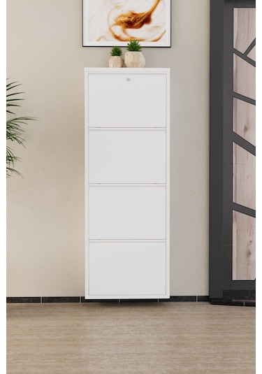 Kilitli 4 Kapaklı Metal Ayakkabılık Beyaz Beyaz