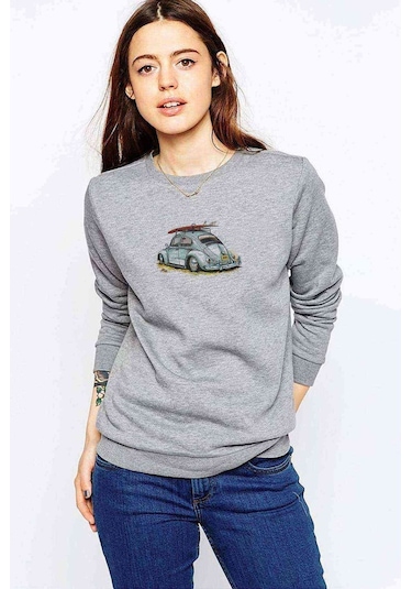 Açık Mavi Vosvos Tosbağa Baskılı Gri Kadın Sweatshirt