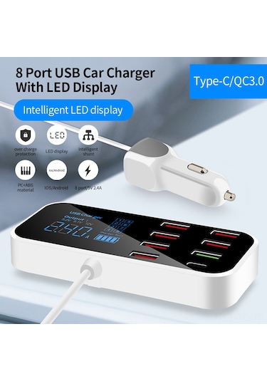 Skycity A9s+ Araç Şarj Cihazı 8 Usb Portu, Led Ekran, Qc3.0 Hızlı Şarj, Type-c, Akıllı Akım Dağıtımı, 40w Maksimum Güç
