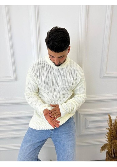 Kazak Oversize Çift Kat Zincir Örgü Naturel Pamuk Bol Kesim Tüylenmez Triko Kazak Beyaz