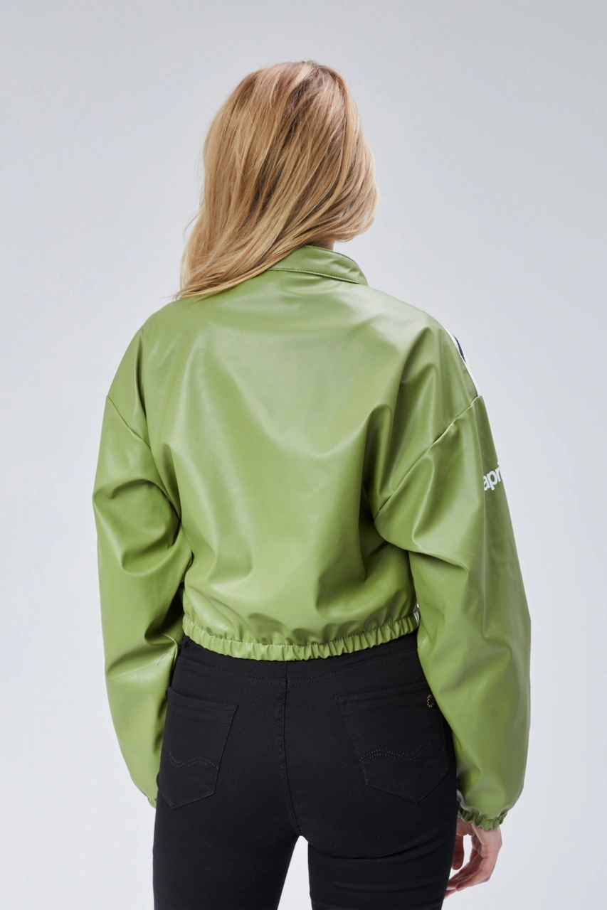 Kadın Deri Baskılı Şeritli Ceket Beli Ve Kolu Lastikli Kolej Hakim Yaka Bomber Yarışçı Motorcu Mont Yeşil