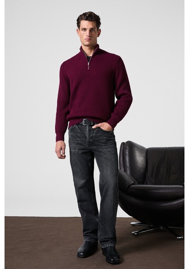 BERNARDO Erkek Yarım Fermuarlı Dik Yaka Triko Bordo Kazak
