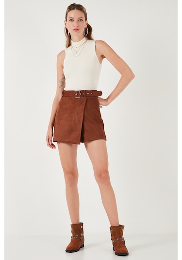 Lela Kışlık Regular Fit Asimetrik Kesim Fermuarlı Bayan Şort Etek 5865973 Taba