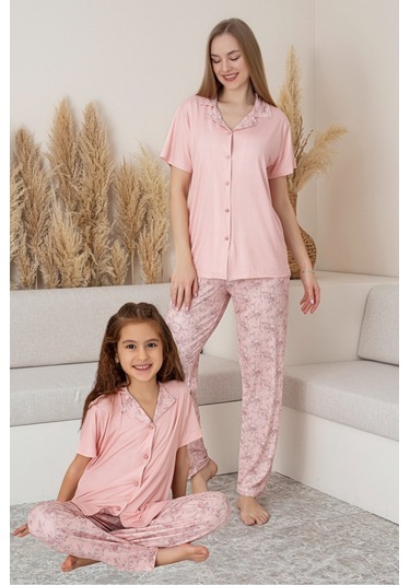 Anne Kız Kombin Çiçekli Kısa Kollu Gömlek Pijama Takımı Anne Kız Ayrı Satılır Pembe