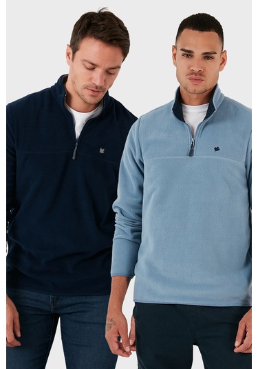 Buratti Slim Fit Anti-Pilling Tüylenme Yapmayan Bato Yaka Şardonlu 2'Li Paket Erkek Polar 5906001S2 Açık Mavi-Lacivert