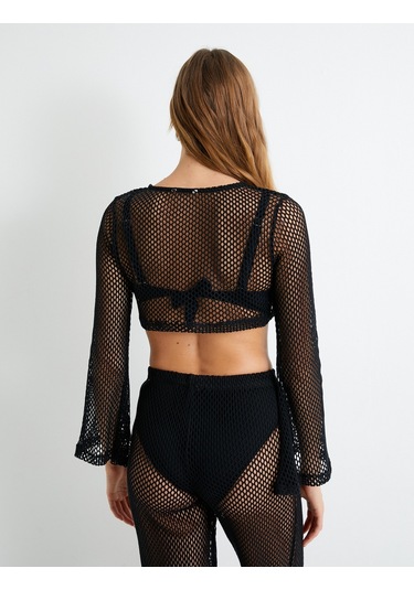 Koton Oversize File Büstiyer Crop Uzun Kollu Bisiklet Yaka Siyah 4sak90002mk Siyah