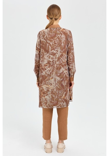 Desenli File Kumaş Tunik Pantolon Takım Camel Kahverengi