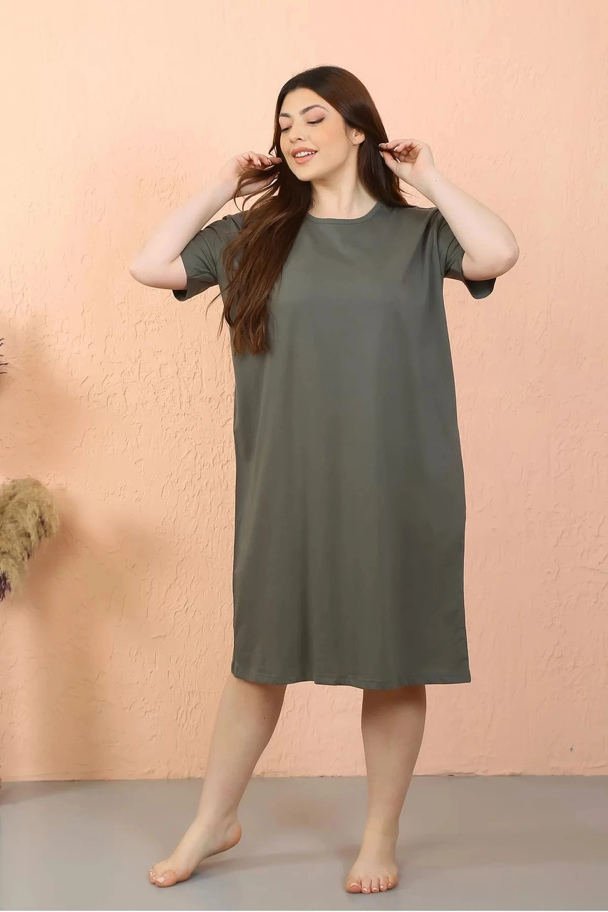 Moda Kadın Büyük Beden Penye Kısa Kol Haki Gecelik Haki