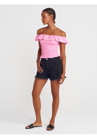 Dilvin 31902 Omuzları Açık Fırfırlı Top-pembe Pembe