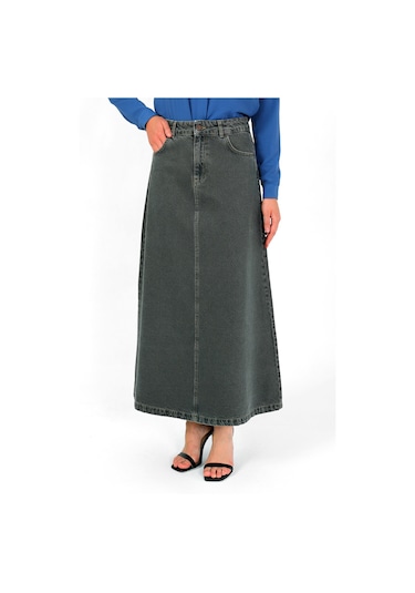 Yüksek Bel A Kesim Denim Etek Yeşil