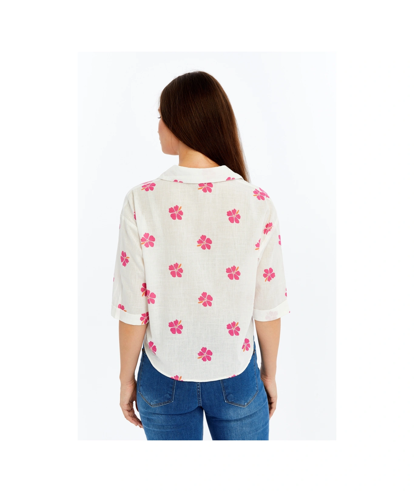 Kadın Çiçek Desenli Bağlamalı Kısa Kollu Gömlek Yazlık Hafif Kumaş Beyaz Pembe