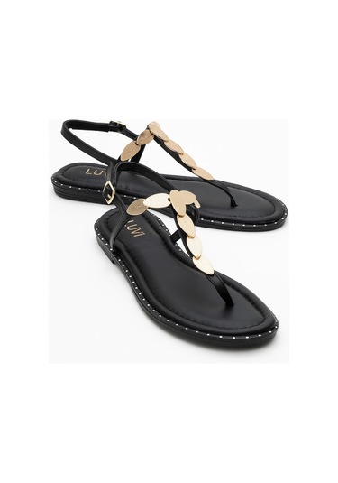 Marea Siyah Hakiki Deri Parmak Arası Gold Tokalı Kadın Sandalet Siyah