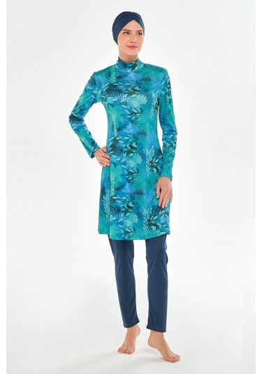 Likralı Tam Kapalı Tesettür Mayo Desenli 3102 Açık Lacivert Açık Lacivert