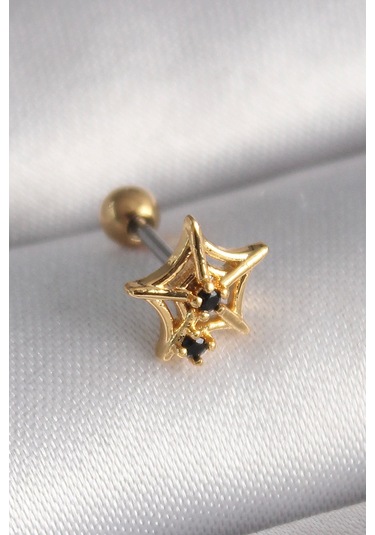 316l Çelik Gold Renk Siyah Zirkon Taş Detay Örümcek Ağ Model Tragus Piercing Çok Renkli