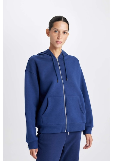 Defacto Relax Fit Kapüşonlu Cepli Basic Düz Fermuarlı Sweatshirt C1809AX24WNNV42 Lacivert