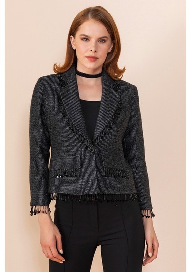 Serpil Exclusive Kadın Püskül Detaylı Kısa Blazer Ceket Siyah