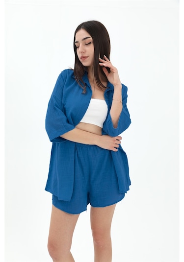 Pamuk Keten Şort Gömlek Kadın İkili Takım - Saksmavisi-saksmavisi Saks Mavisi