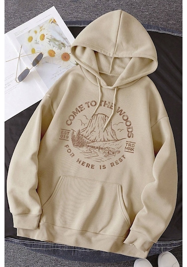 Unisex Come To The Woods Baskılı Oversize Sweatshirt Siyah