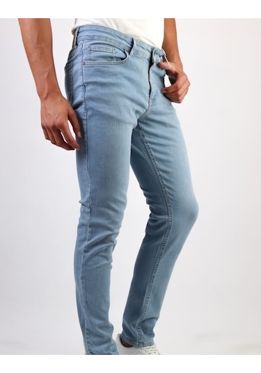 Erkek Taşlamalı Slim Fit Likralı Açık Mavi Kot Jean Pantolon Hlthe001956-A
