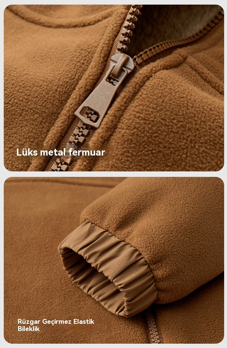 Erkek Polar Ceket Kapüşonlu Hırka Ceket Kalın Kadife 400g Sıcak Ceket Siyah