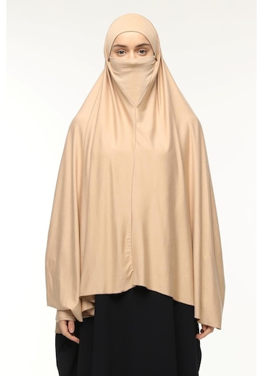 Kollu Sufle Çarşaf Üstü Peçeli Pratik Tesettür Hijab - Nikaplı Namaz Örtüsü Koyu Bej