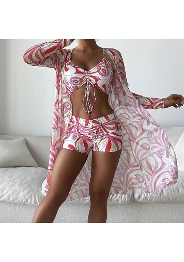 Kadın Mayo Yüksek Bel Bikini Seti Üç Adet Kadın Uzun Kollu Cover Up Mayo Plaj Mayo Pembe