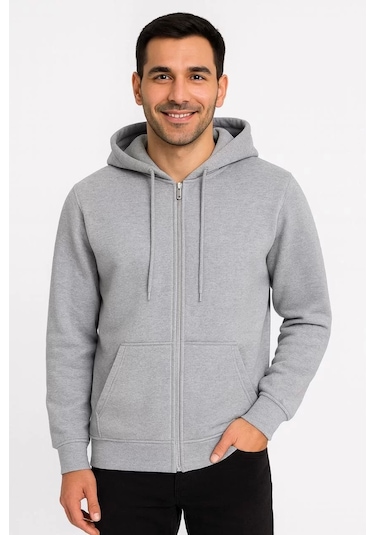 Erkek Üç İplik Kapüşonlu Tam Fermuarlı Kanguru Çepli Sweatshirt Hoodie - Gri Gri