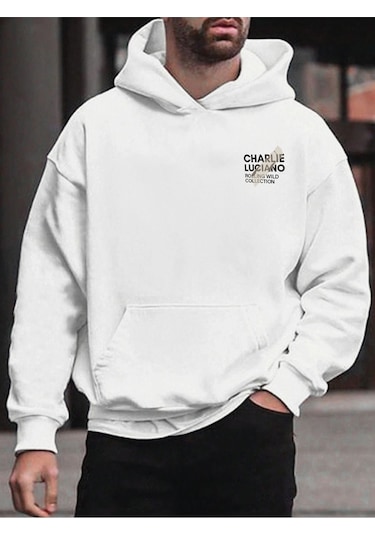 Charlie Luciano Tasarım Kışlık Sweatshirt - Beyaz Baskılı Oversize Şardonlu Kapüşonlu Beyaz
