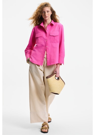 RIGO Kadın Gömlek Yaka Uzun Kol Regular Uzun İnce Fuşya Gömlek