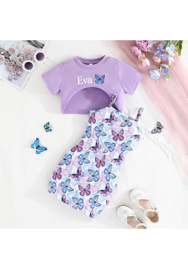 2-7 Yaş Çocuk Takımı Yaz Yeni Tatlı 2 Parça Günlük Hanım Tarzı Kısa Kollu Kayık Yaka Üst + Kelebek Baskılı Askılı Etek Mor