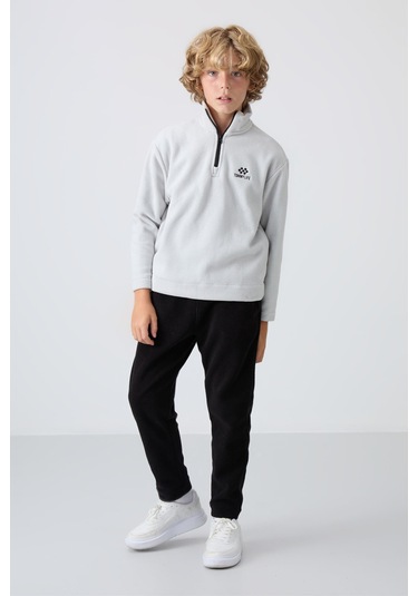Tommy Life Taş Kalın Yumuşak Dokulu Standart Fit Nakışlı Polar Erkek Çocuk Sweatshirt - 11221 Taş