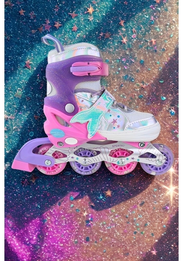 Deniz Kızı Işıklı Kız Çocuk Pateni Silikon Teker Ayarlanabilir Paten Taşıma Çantalı Pembe Lila Pembe