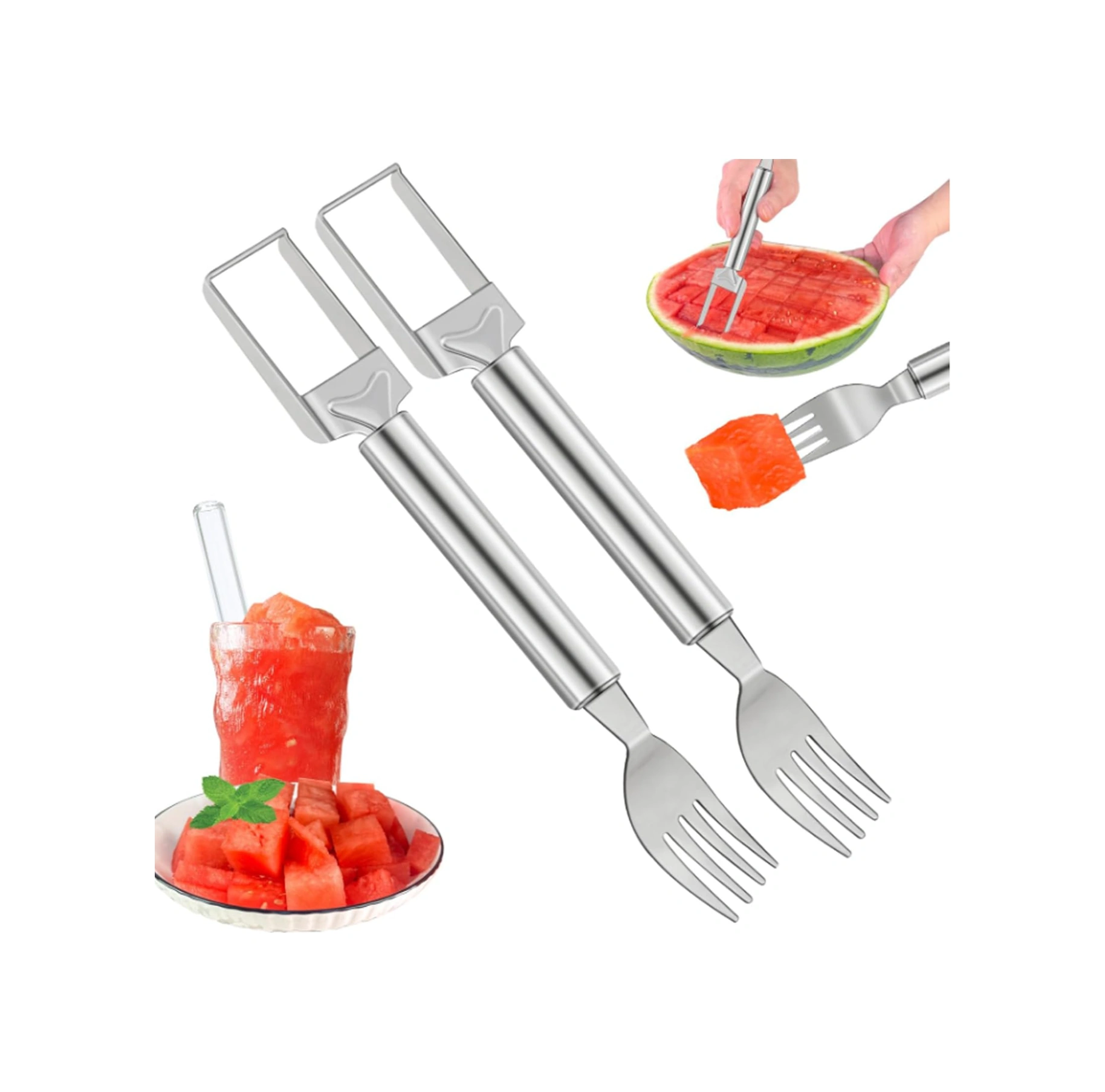 Moveevo Stainless Steel Meyve Dilimleyici Seti - 2 Adet Çift Uçlu Kırma Ve Dikme Aleti, Elma Karpuz Kesici Araçları Gümüş