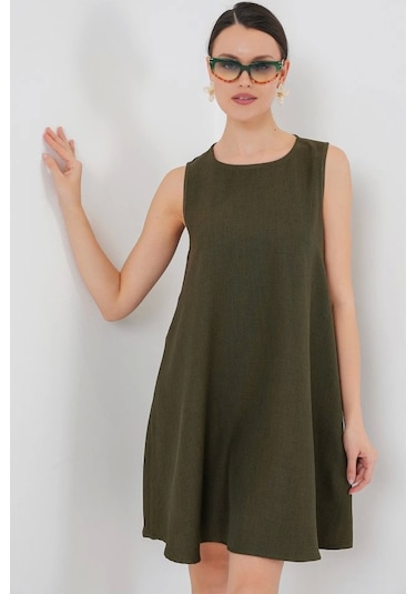 Defymoda 2444 Mini Keten Elbise - Haki Haki