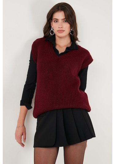 Lela V Yaka Örme Triko Bayan Süveter 4616105Y Bordo