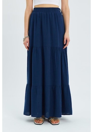 4567 Kadın Fırfırlı Uzun Müslin Etek Lacivert Lacivert
