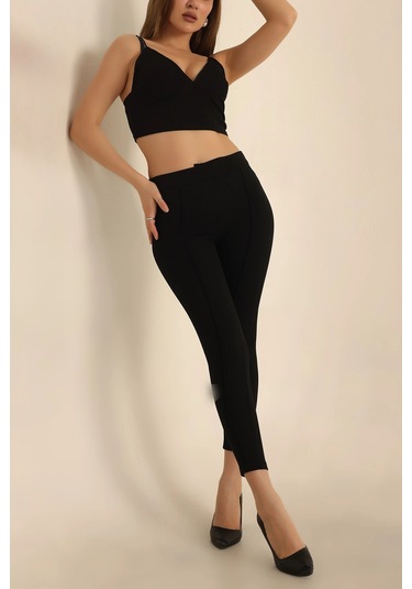 Vioshine Kadın Beli Lastikli Scuba Cırtlı Tayt-siyah Siyah