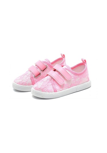 Çift Cırtlı Dantelli Keten Spor Çocuk Ayakkabısı-pembe-f-4005 Pembe