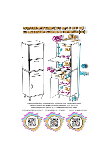 Modilayn Vio Çok Amaçlı Dolap: 40x163.4x32,5 Cm Ölçülerinde, Çekmeceli Ve Kapaklı Mutfak Dolabı. Beyaz