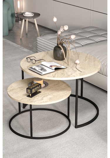 Orta Sehpa Bade İkili Lüx Yan Sehpa Masa Traverten Bej