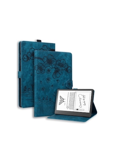 Suofeng Kindle Scribe 10.2" 2022 İçin Deri Korumalı Kılıf - Basılı Kart Tutucu Ve Stand Özellikli Mavi Tablet Kılıfı