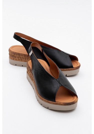 Blom Siyah Hakiki Deri Kadın Dolgu Topuk Sandalet Siyah