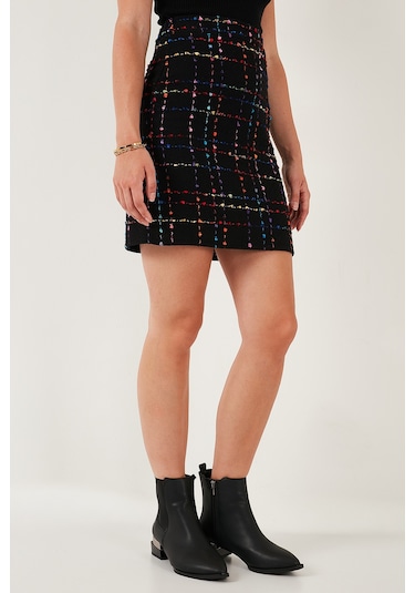 Lela Tüvit Desenli Slim Fit Yüksek Bel Mini Boy Bayan Etek 5866436 Siyah