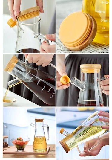 Bambu Kapaklı Cam Yağdanlık Vakumlu Borosilikat Cam Sirkelik Zeytinyağı