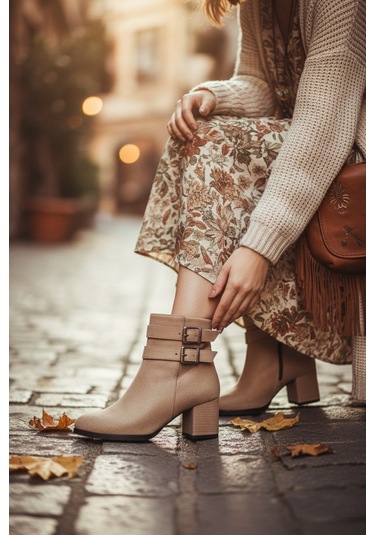 Kadın Hermina Çift Tokalı Kısa Bot Bej Süet