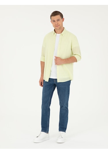 Cacharel Yeşil Slim Fit Keten Karışımlı Gömlek