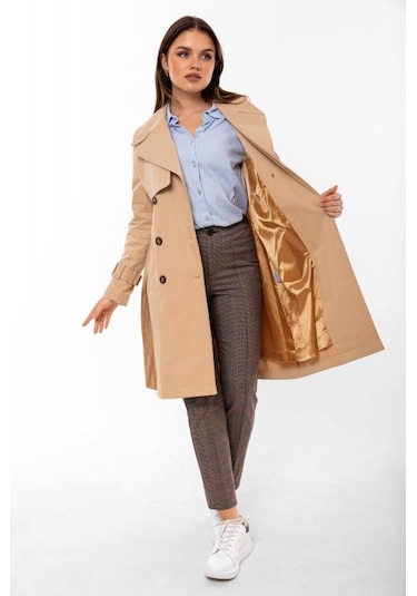 Pastelastore %100 Pamuk Gabardin Midi 95cm Astarlı Kemerli Kadın Trençkot 1113 Açık Bej