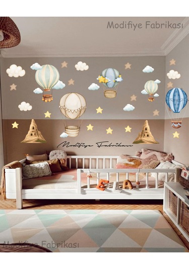 Uv Baskılı Kapadokya Sıcak Hava Balonları Duvar Sticker Seti Siyah