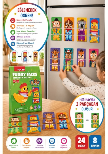 Puedo Funny Faces Manyetik Puzzle 24 Parça 8 Hayvan Eva Eğitici Oyuncak 3+ Yaş