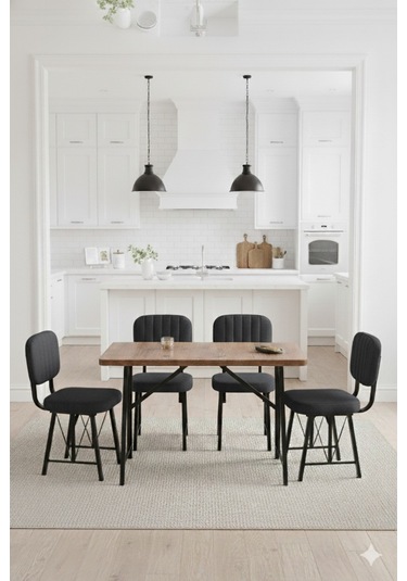 Elfin 70x110cm Sabit Atllantik Yemek Masası, Yemek Masası Takımı, Mutfak Masası, 4 Antrasit Sandalye Antrasit